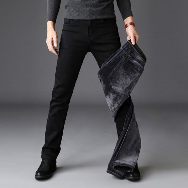 

2019 men fashion winter jeans men black color slim fit stretch thick velvet pants warm jeans casual fleece trousers male, Blue
