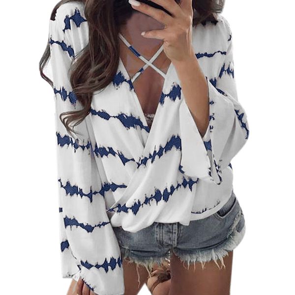 

women loose long sleeve shirt stripe overlapping chiffon casual blouse chiffon blouse tunic blusa mujer camisa feminina, White