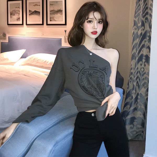 

style printing diagonal shoulder pullover sweater net red same off shoulder fashionable personality long sleeve trendy t woman, White