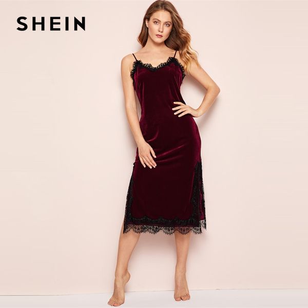 

shein burgundy eyelash contrast lace velvet cami spaghetti strap dress 2019 spring summer women casual nightwear sleepwear, Black;red