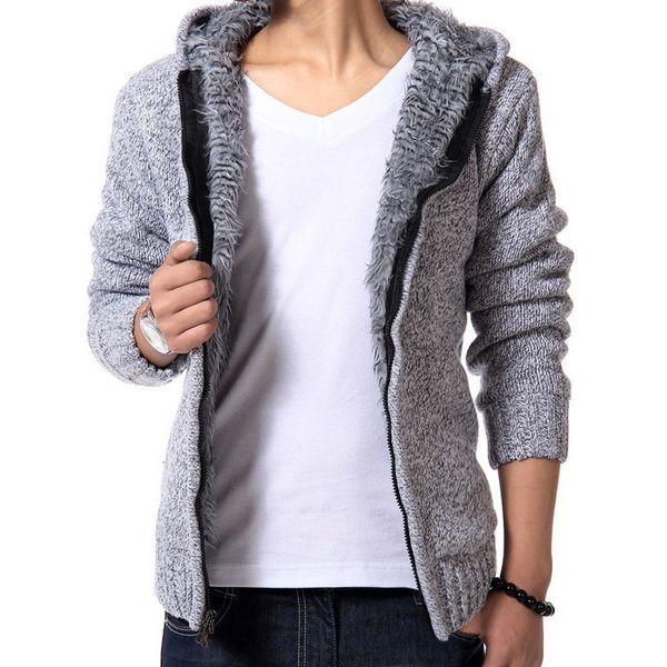 

sweater winter men's plus velvet thick sweater youth hooded casual knitted cardigan tide men's jacket, Black