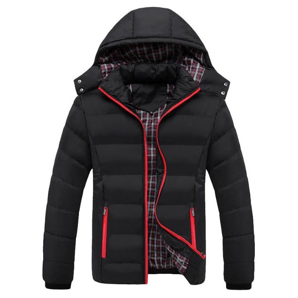 

plus size winter men's down coat solid thicken zipper hooded parka coat light weight cotton down casual men jacket, Black