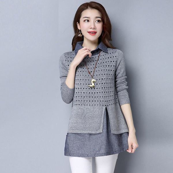 

women's sweaters loose hollow polka dot sweater lapel long sleeve solid color splicing base button knit jumpers pullover women spring, White;black