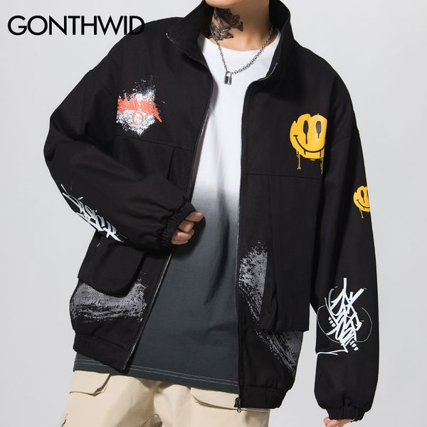 

gonthwid graffiti smile face print zipper pockets full zip up windbreaker streetwear jackets hip hop hipster casual bomber coats, Black;brown