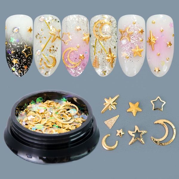 

1 box multi 3d gold silver design nail decorations mixed star moon metal slice rivet tips for manicure charms rhinestone tr682, Silver;gold
