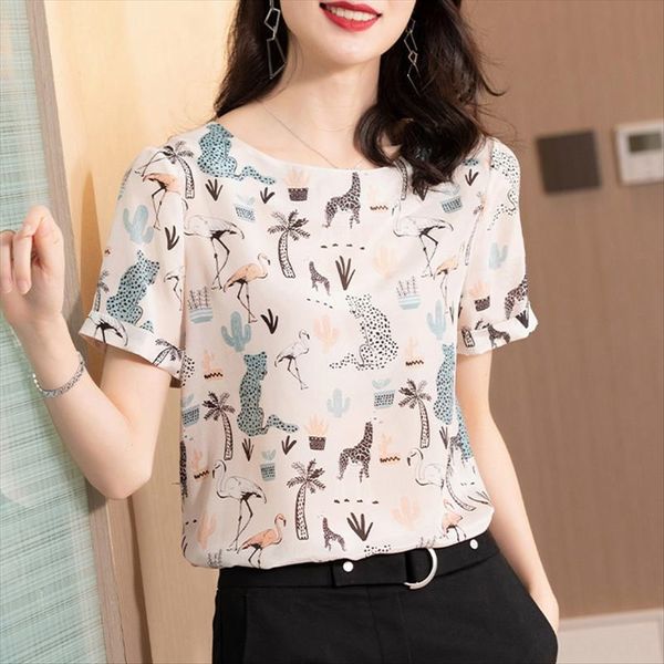 

imitation women's short sleeve minority foreign style shirt 2020 t-shirt national silk loose half sleeve printed silk t-shirt, White