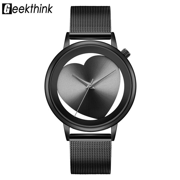 

love shape hollow women quartz watches analog black stainless steel mesh band brand designer wristwatch fashion dress relogios, Slivery;brown