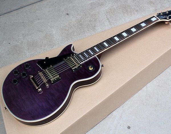 

бесплатная доставка завод пользовательские фиолетовый левой рукой электрогитара с flame maple шпон, golden оборудований, предлагают индивиду