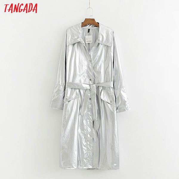 

tangada fashion women autumn winter solid shiny long trench coat elegant sashes office ladies streetwear long trench 1d356, Tan;black