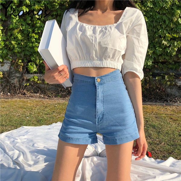 

women's shorts mom jean women push up elastic high waist biker denim female slim skinny chic basis summer 2021 black streetwear, White;black