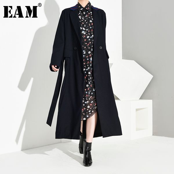 

eam] women dak blue long bandage trench new lapel long sleeve loose fit windbreaker fashion tide spring autumn 2020 jo5510, Tan;black