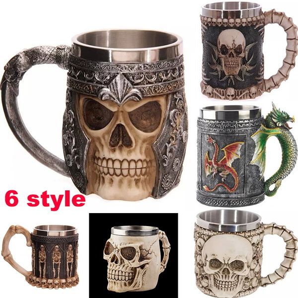 

3d double skull mugs wall stainless steel cups 300-400ml coffee beer tea cup knight tankard dragon drinking mugs fa2945