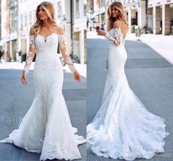 

romantic lace elegant mermaid wedding dresses off shoulder tulle sheer long sleeve appliqued long train wedding dress bridal gowns bohemian, White