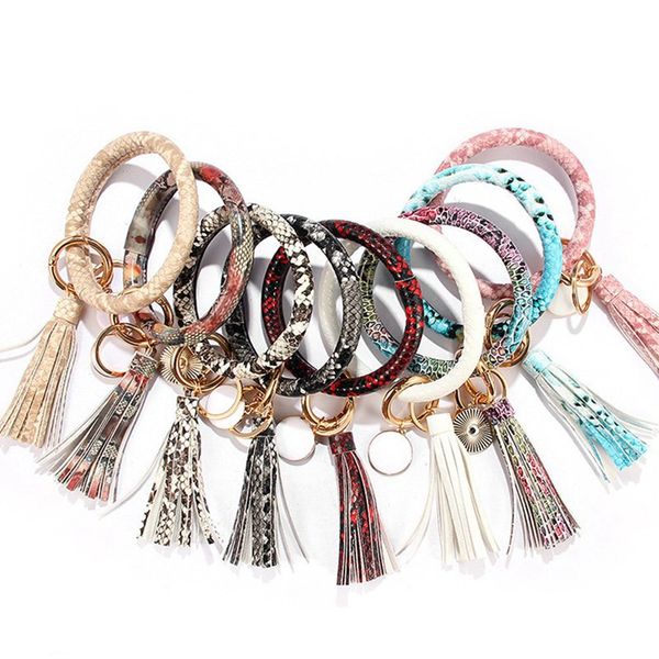 

new pu leather tassel keychain large circle cute leopard snake snakeskin tassel wristlet keychain women girls car bag pendants, Silver