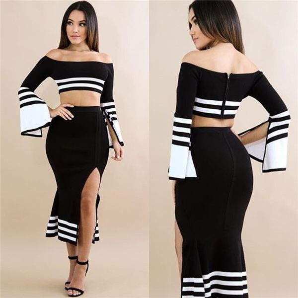 

womens summer striped 2pcs dress slash neck flare sleeve high slipt skirt ladies elegant fashion suits, White
