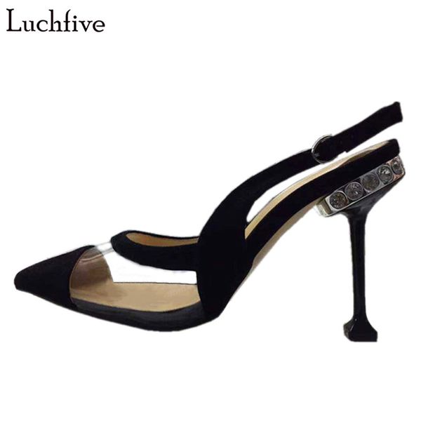 

luchfive suede clear slingbacks women pumps runway pointed toe crystal decor high heel single shoes spring summer shoes woman, Black;white
