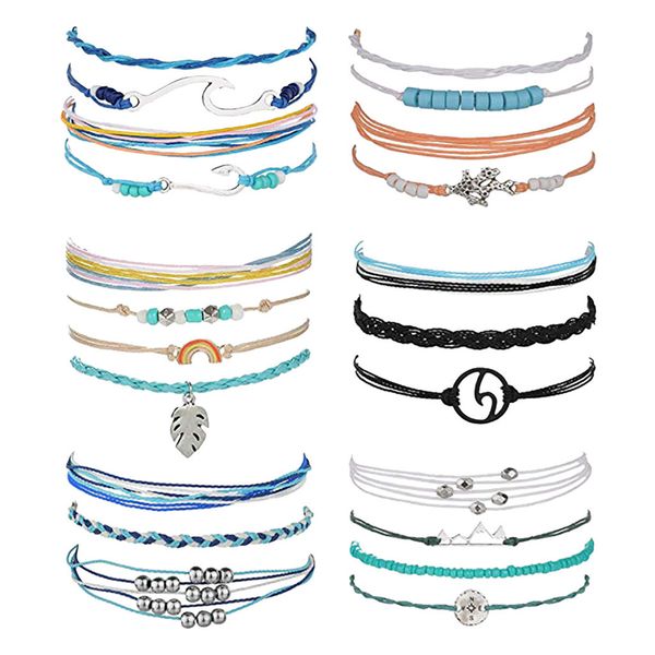 

new 22 pcs wave strand bracelet set waterproof wax string rope summer beach surfer friendship anklet bracelets gift delicate, Golden;silver