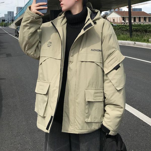 

зимняя куртка мужская теплая толстая мода куртка мужчины сплошной цвет повседневное пальто с капюшоном человек дикий свободные мульти-карман, Black