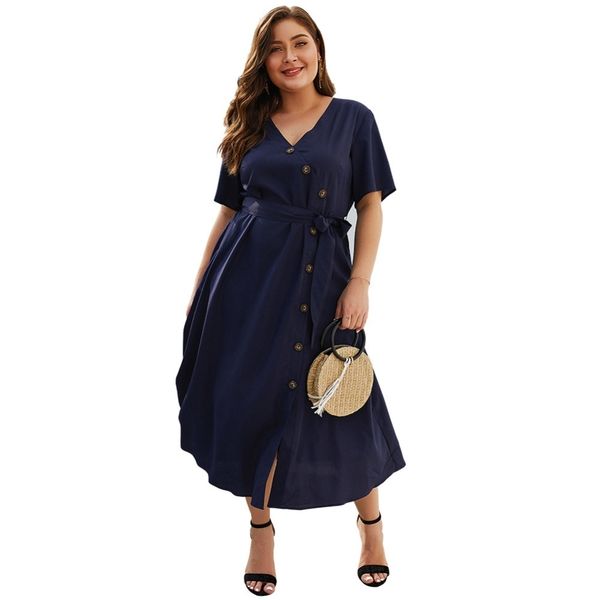 

celebrity button v-neck sashes high waist plus size 3xl 4xl dress women vestido casual evening party elegant femme dress, Black;gray