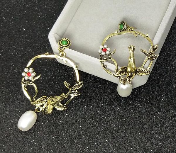

new european and american pop retro elegant pearl flower three-dimensional bird earrings fashion classic delicate elegance, Silver