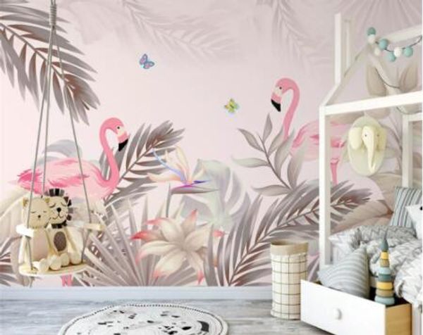 

modern personality papel de parede 3d wallpaper hand drawn nordic tropical palm tree plant flamingo indoor background