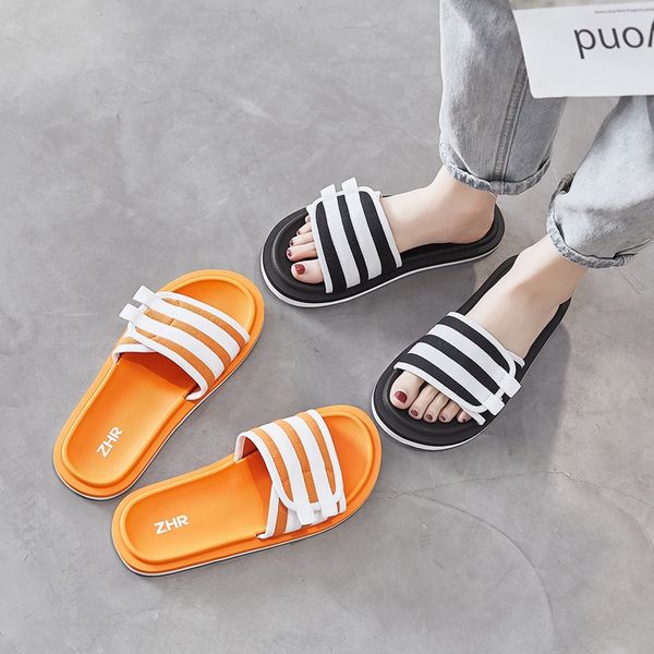 

slippers zhr 2021 beach women's shoes summer for women fashion flat striped slipper hoop loop female slides, Black
