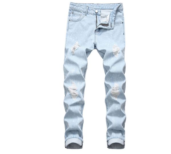 

men jeans stretch destroyed ripped paint point design fashion ankle zipper skinny jeans for men size 28-42, Blue