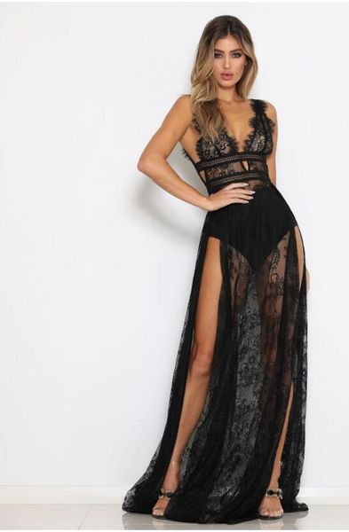 

lace perspective high slit deep v-neck nightclub lace dress, White;black