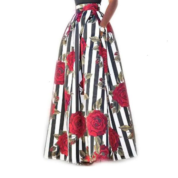 

skirts 2019 womens summer jupe longue femme high waisted pocket long skirt floral striped maxi skirt big swing plus size, Black