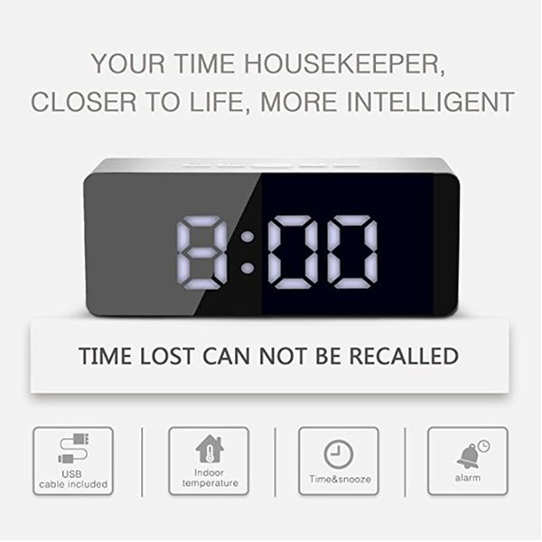 

alarm clock led display horologe mirror surface remind timer prompt kitchen automatic multi-functional home time gift timepiece