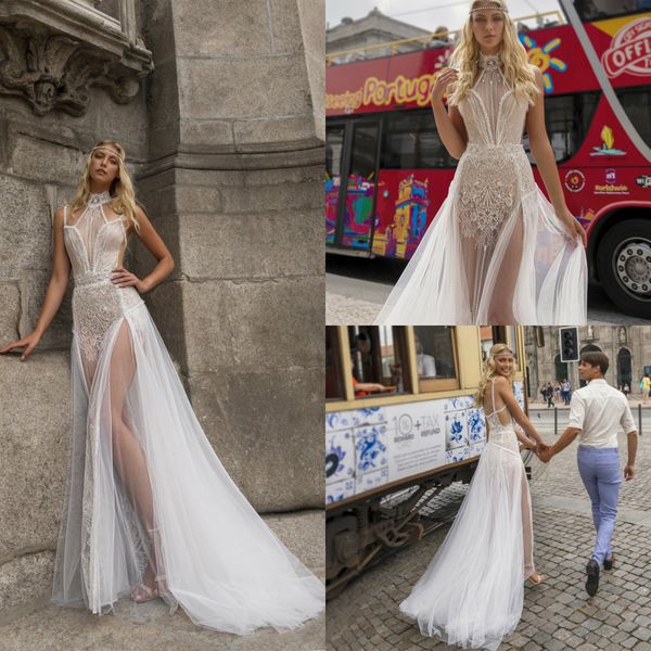 

лиор charchy boho свадебные платья высокий воротник развертки поезд кружева из бисера high split-бич свадебное платье сшитое иллюзия sexy св, White