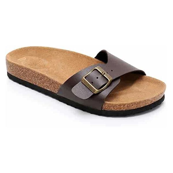 

womens slide platform cork footbed wide pad sandals with adjustable strap buckle open toe slippers suede sole, Black