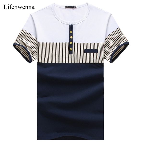 

new fashion men's t shirt summer o-neck short sleeve stripe t-shirt mens clothing trend casual slim fit buttons tees 5xl, White;black