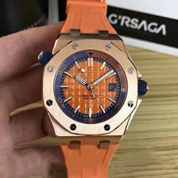 

men's watch black orange dial rubber strap gold stainless steel outer ring automatic mechanical men's wrist watches, Slivery;brown