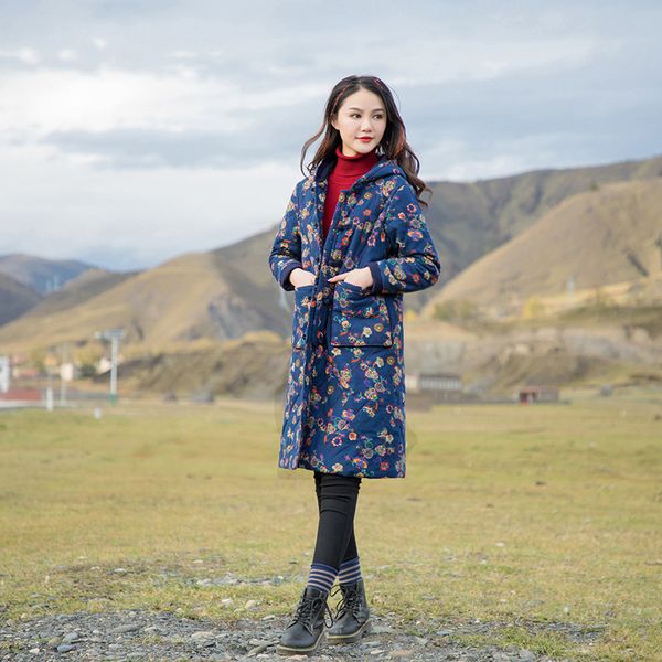 

women 2019 winter padded hooded coat ladies print retro warm outerwear overcoat female oat long coat, Black