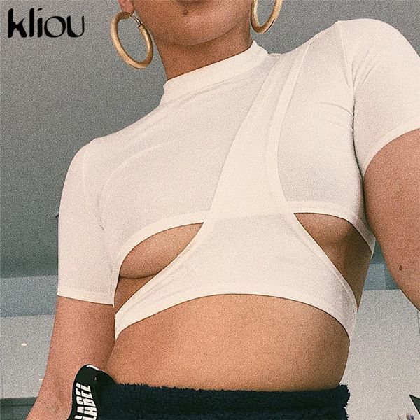 

kliou 2018 new solid black white o-neck short sleeve t-shirt tees women strip hollow out short casual tees crop