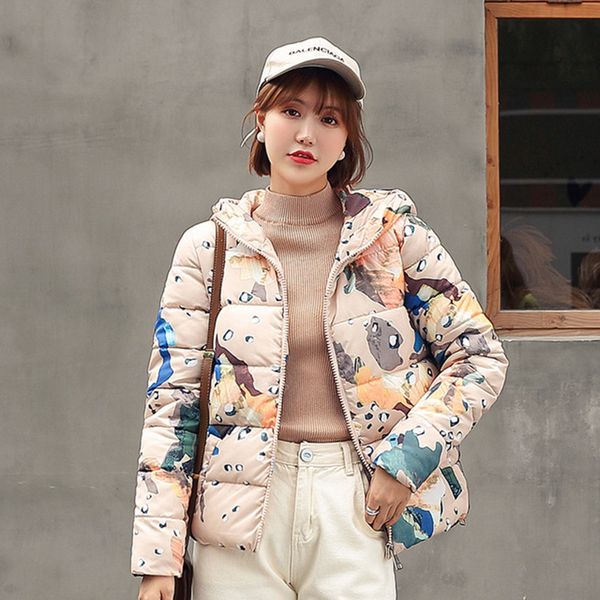 

voobuyla 2019 thicken jacket women winter coat fashion warm thick print short style cotton padded parkas coat hooded basic, Black