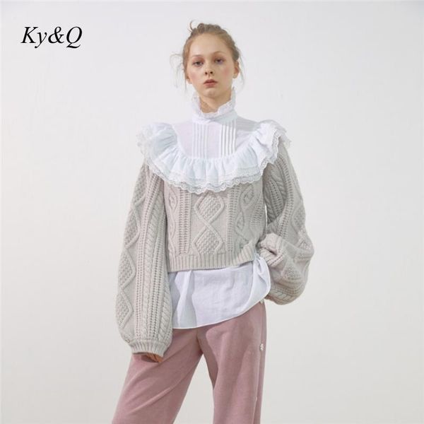 

brand tade women christmas 2019 winter women luxury stand neck ruffles high street pullover loose lazy vintage sweater clothes, White;black