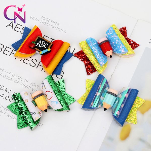 

cn 8 pcs/lots glitter back to school hair bows for girls handmade pvc three layers pencil hair clips students accessories, Slivery;white