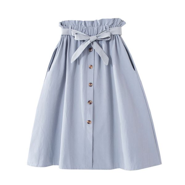 

single-breasted high waist cotton midi women skirts with pocket 2019 summer long white skirt solid yellow skirt women jupe femme, Black