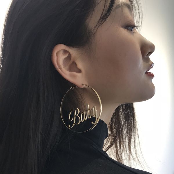 

charm exaggerated hollow baby letter earring hoop earrings personality big circle gold hoops earings fashion jewelry brinco, Golden
