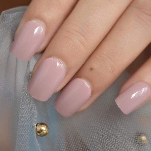 

square medium length designed nails nude pink pure color uv gel polish nails artificial full cover pre-stickers on back, Red;gold