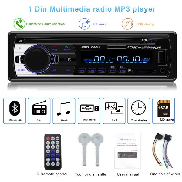 Autoradio JSD-520 auto Stereo 1 Din Autoradio 12v bluetooth V2.0 FM Ingresso Aux Ricevitore Car Audio SD USB MP3 MMC WMA jsd 520