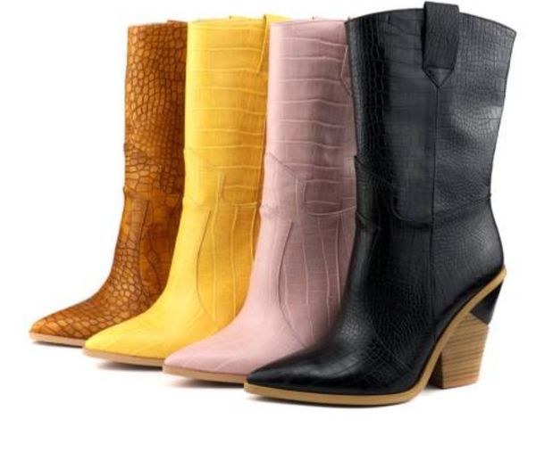 

us4-13 womens pointed toe ankle boots crocodile pattern spike chunky high heel pull on western shoes gold 12colors plus size, Black