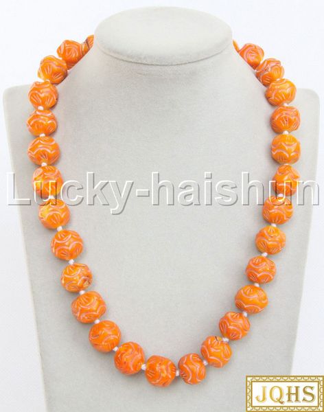 

jqhs 20" 16mm natural round carved yellow coral necklace 18kgp clasp j13174, Silver