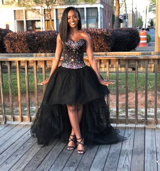 Black Long Prom Dress 2020 Beaded Top Sweetheart Neck High Low