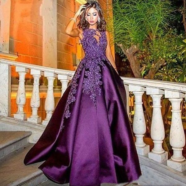 Abiti da sera da sposo a trapezio con perline ricamate viola scuro per matrimonio Elegante abito da sposa drappeggiato con maniche gioiello 2020 per la madre della sposa