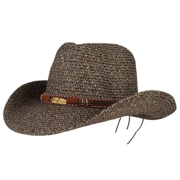 Outdoor Men Women Western Cowboy Hats Hand-Woven Straw Hat Breathable Beach Jazz Cap Sunhat for Unisex