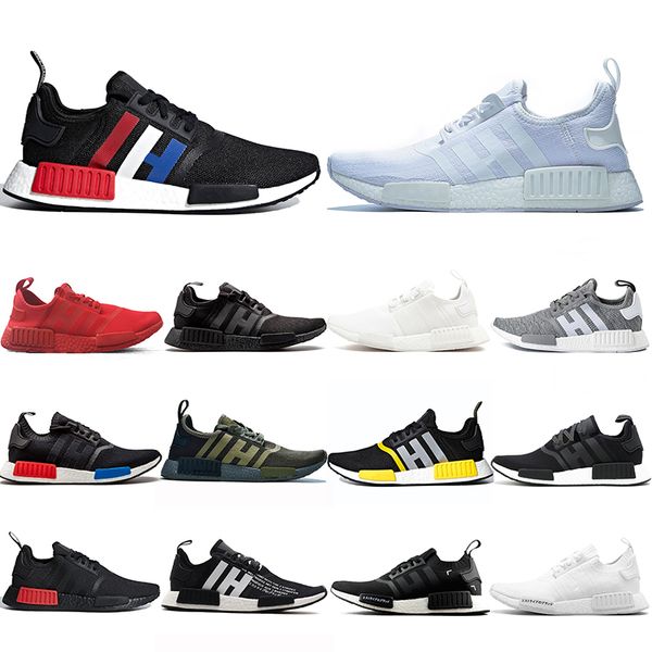 

nmd r1 running shoes pharrell williams bred triple black white tri-color military green mens womens sneakers sports runners size 36-45, White;red