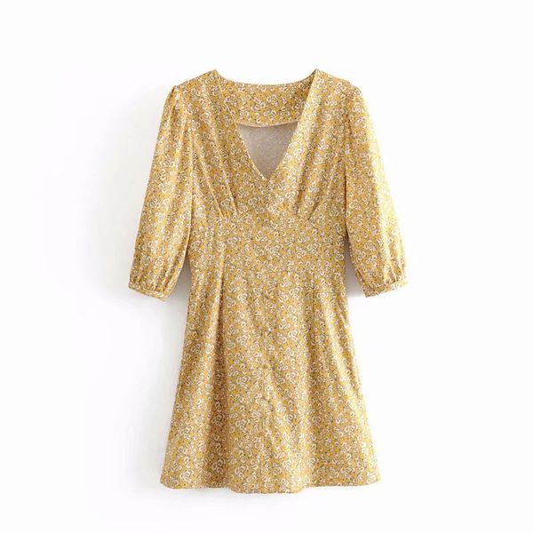 

новый женщин элегантный v шеи puff рукавом молнии сбоку принт мини-платье женщины три четверти рукав vestidos свободного покроя тонкий плать, Black;gray